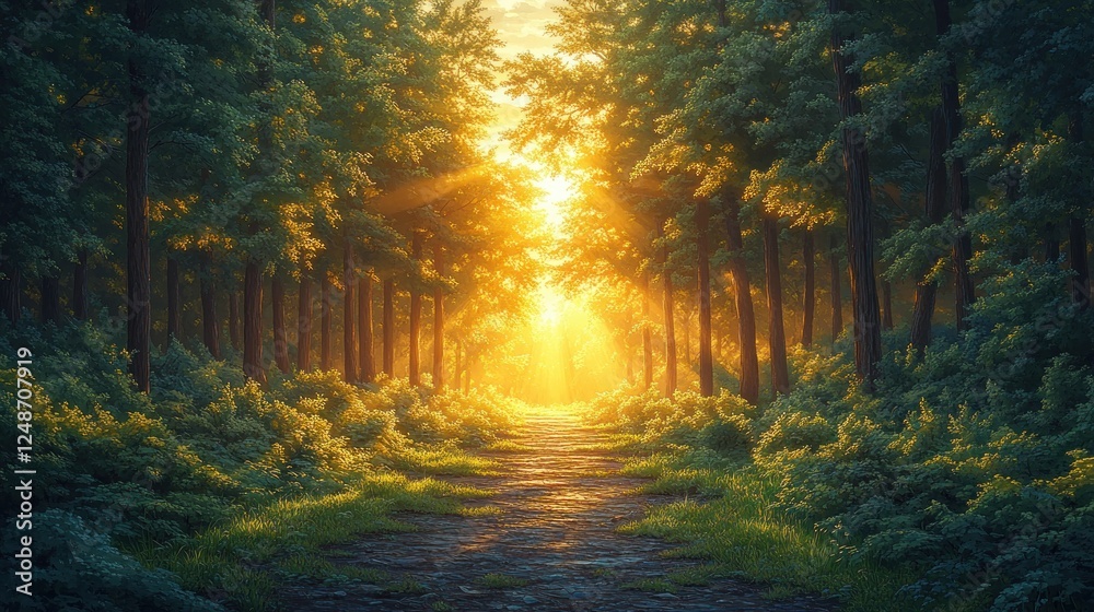 Obraz premium Autumn Forest Sunset Pathway in Golden Hour with Colorful Leaves and Tranquil Nature