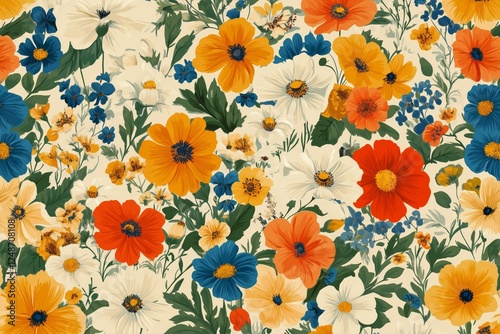 Bright floral pattern featuring diverse flowers in vibrant colors on a light ...