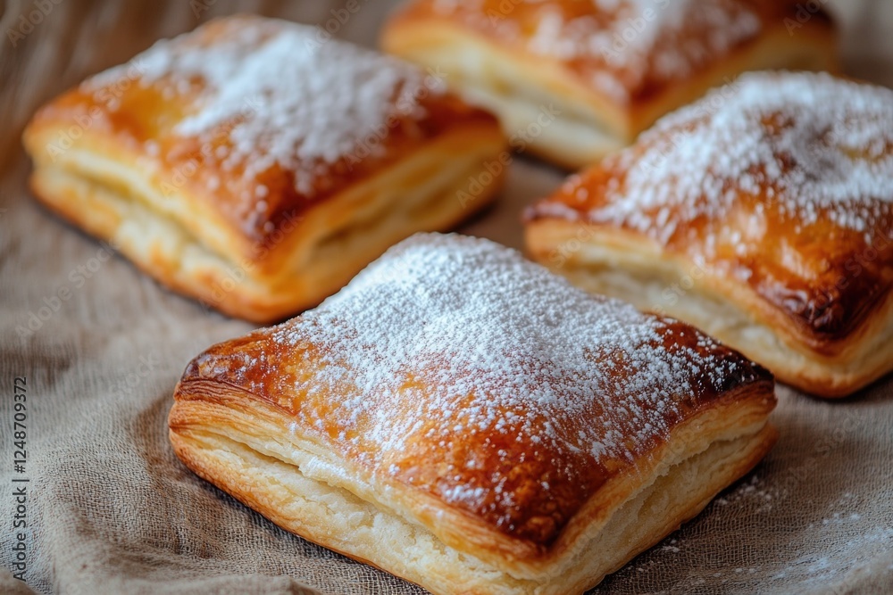 Close-up of four baked goods covered in powdered sugar, great for food and dessert imagery Close-up of four baked goods covered in powdered sugar, great for food and dessert imagery