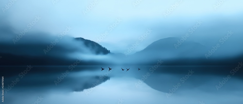 Fototapeta premium serene mountain lake with birds in flight and reflection