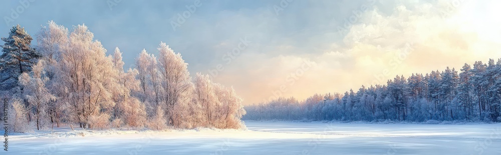 Winter Wonderland Panorama Serene Frozen Lake Snowy Landscape in Finland Winter Wonderland Panorama Serene Frozen Lake Snowy Landscape in Finland