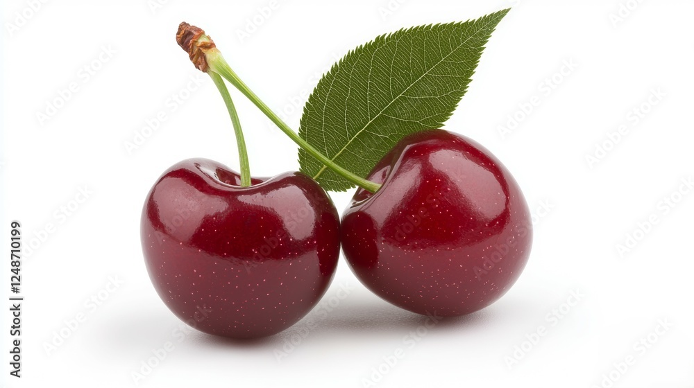 Two vibrant red cherries with a green leaf, symbolizing freshness and sweetness, isolated against a white background. Two vibrant red cherries with a green leaf, symbolizing freshness and sweetness, isolated against a white background.