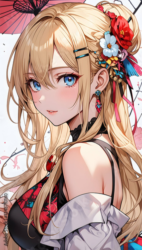 beautiful young anime girl in beautiful red dress outfit