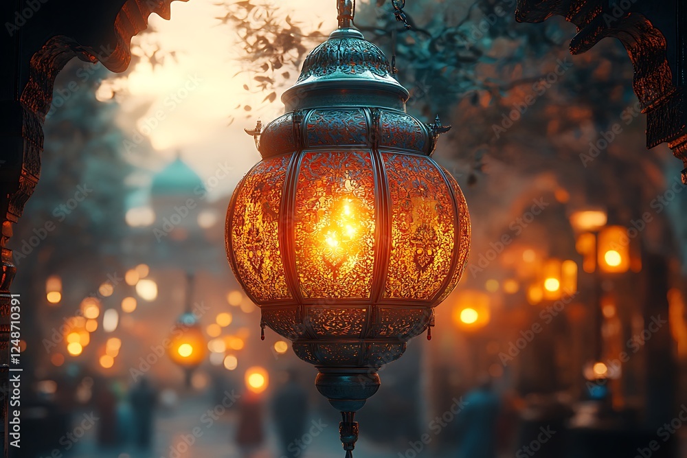An Ornate Lantern Hangs in a Softly Illuminated Alley Casting Warm Light Amidst a Dreamy Atmosphere An Ornate Lantern Hangs in a Softly Illuminated Alley Casting Warm Light Amidst a Dreamy Atmosphere