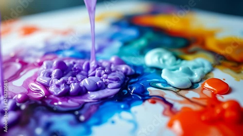 Slow Motion Shot of Colorful Ink Splashes Spreading on Wet Paper Creating Vibrant Patterns