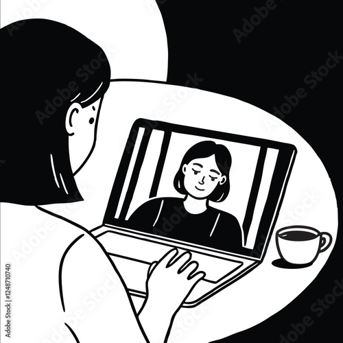 A young woman sits at her laptop, making a video call. She might be a tutor or working remotely, engaged in an online conversation. A black-and-white vector lifestyle illustration