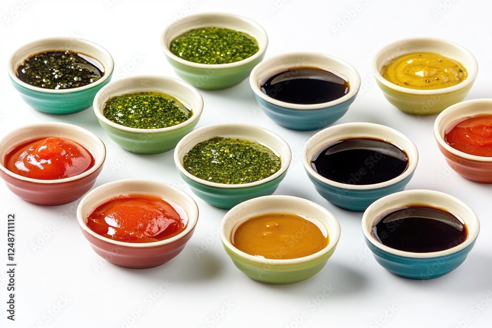 A collection of small bowls filled with various sauces A collection of small bowls filled with various sauces
