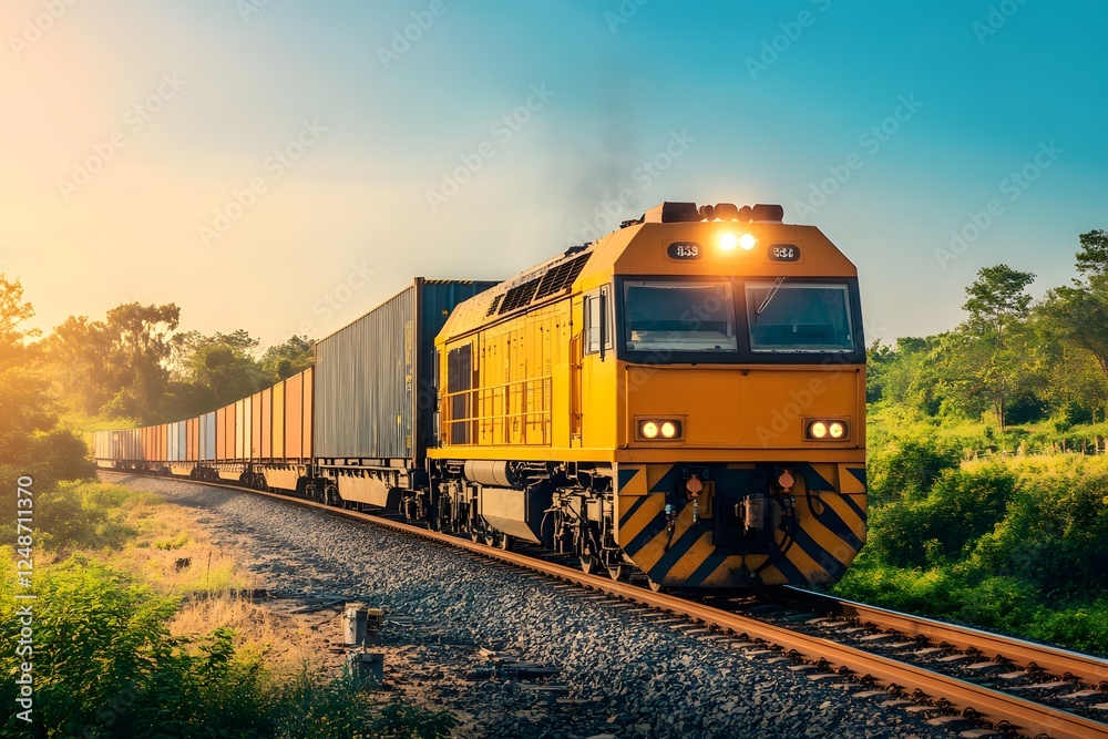Fototapeta premium Freight train sunset transport logistics rural