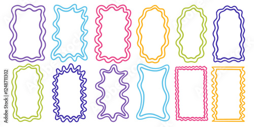 Retro Line Wave Frame Set. Geometry Abstract Border Collection. Vector Funky Illustration