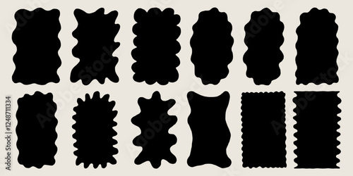 Scallop Frame Wavy Shape Black Silhouette Set. Rectangle Squiggle Wiggle Figure Collection. Vector Corrugated Border