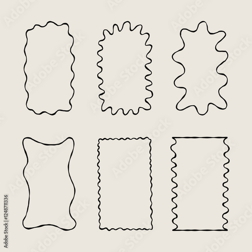 Set Naif Sketch Wavy Edges Frames. Scallop Squiggle Wiggle Border Simple Black Line Shape Collection. Hand Drawn Vector Isolated Illustration