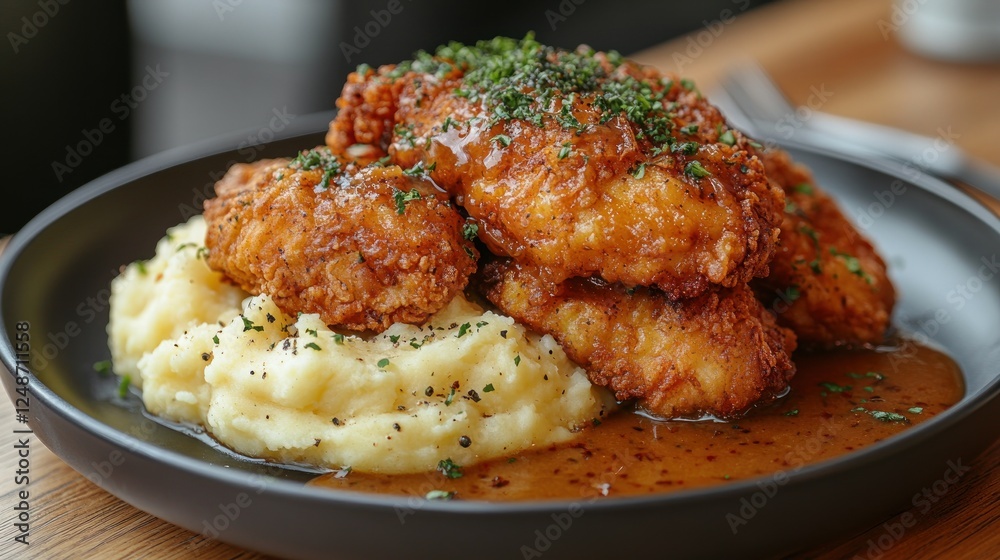 Crispy fried chicken tenders served atop creamy mashed potatoes with savory gravy. Crispy fried chicken tenders served atop creamy mashed potatoes with savory gravy.