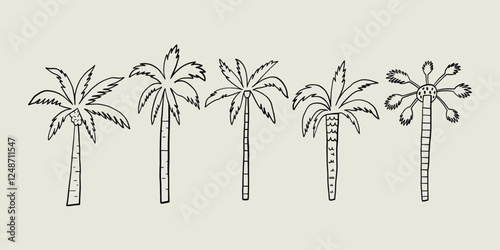 Sketch Palm Tree Coconut Set. Vintage Tropic Plant Collection. Vector Doodle Illustration