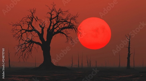 A large, fiery red sun looms behind a barren landscape with dead trees, illustrating a severe environmental impact possibly from climate change or pollution.