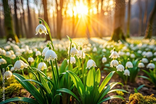 Enchanted spring meadow: miniature leucojum blooms tilt-shift photography. photo