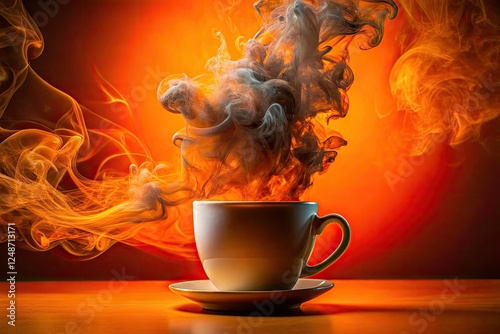 Ethereal coffee mug, smoke swirling, vibrant orange backdropâ€”abstract art captured.