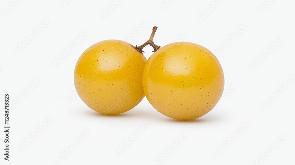 Two shiny yellow fruit, resembling small, round citrus, sit closely together against a plain background. Two shiny yellow fruit, resembling small, round citrus, sit closely together against a plain background.