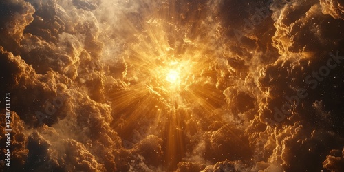 Realistic depiction of a cosmic explosion with radiant golden hues illuminating a dramatic sky filled with clouds and energetic light effects