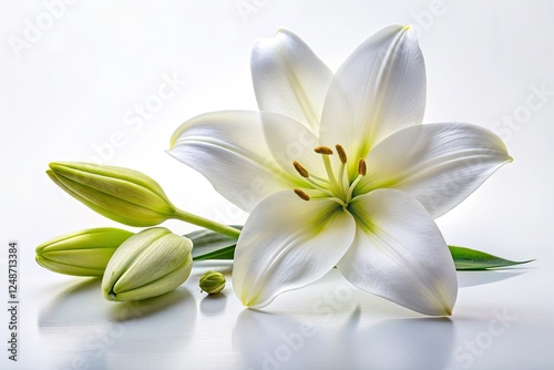 Exquisite high-resolution close-up of pristine white lily buds against a pure white backdrop.
