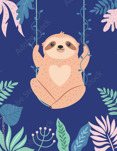 Vector illustration of cute sloth character in a rainforest.