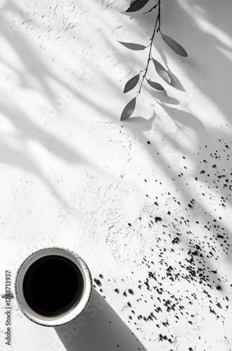 Dark coffee cup placed on a textured white surface next to scattered coffee g...