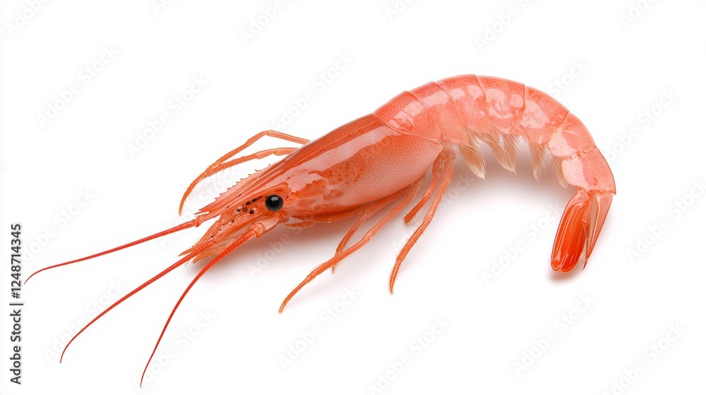 A vibrant pink shrimp with long antennae and a curved body, showcasing its unique shape and texture against a white background. A vibrant pink shrimp with long antennae and a curved body, showcasing its unique shape and texture against a white background.
