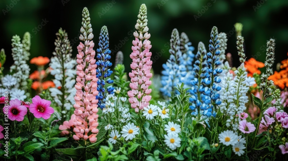 Obraz premium Colorful lupines and daisies in a garden.