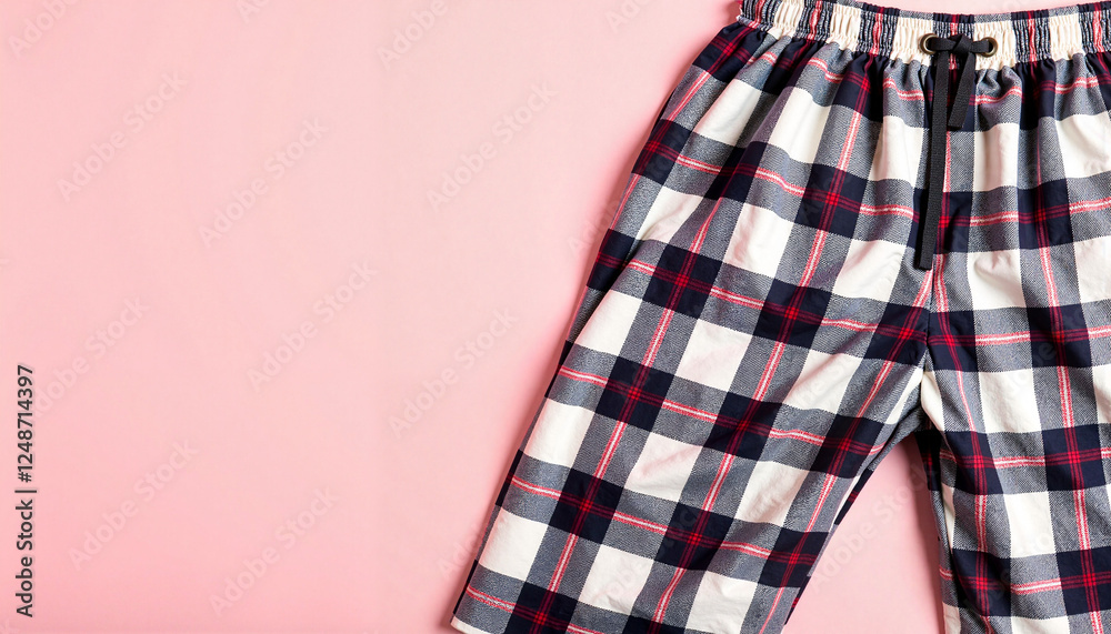 Soft flannel pajama pants close-up on pink backdrop, cozy comfort Soft flannel pajama pants close-up on pink backdrop, cozy comfort
