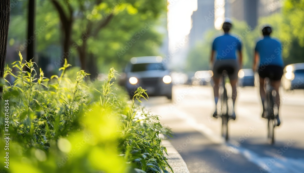 Fototapeta premium Two cyclists ride along a sunny urban path, surrounded by vibrant greenery and faint cityscape in the background.