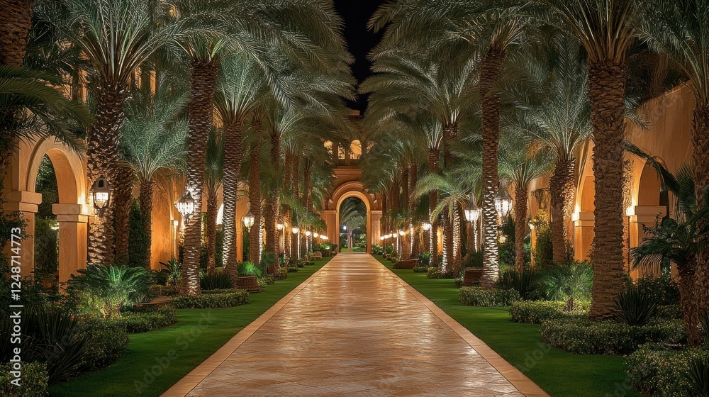 Obraz premium Night Illumination of Palm Tree Lined Pathway