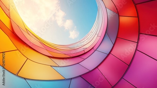 Colorful spiral architecture with sky view.