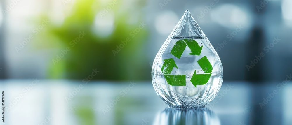 A clear water droplet features a green recycling symbol, emphasizing sustainability and eco-friendly practices. A clear water droplet features a green recycling symbol, emphasizing sustainability and eco-friendly practices.
