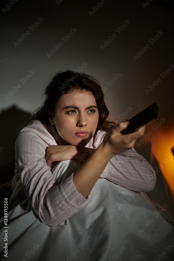Caught in a moment of reflection, a woman grapples with her emotions late at night Caught in a moment of reflection, a woman grapples with her emotions late at night