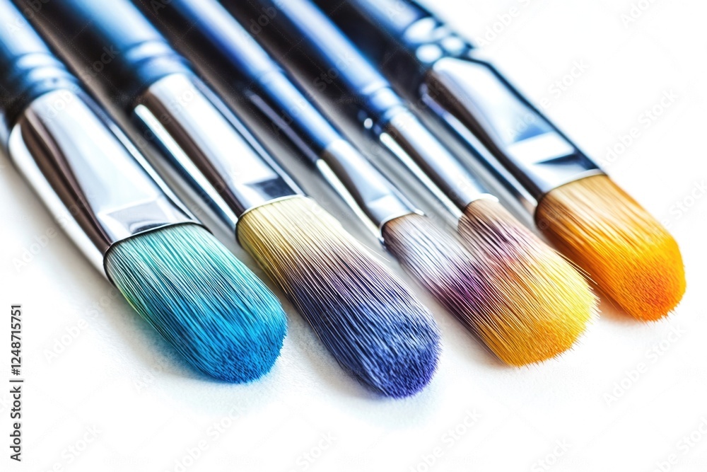 Fototapeta premium A close-up view of a selection of paintbrushes arranged on a table, ideal for use in illustrations or designs related to art, creativity, and DIY projects