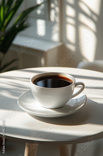 Morning coffee resting on a table with sunlight casting soft shadows in a coz...