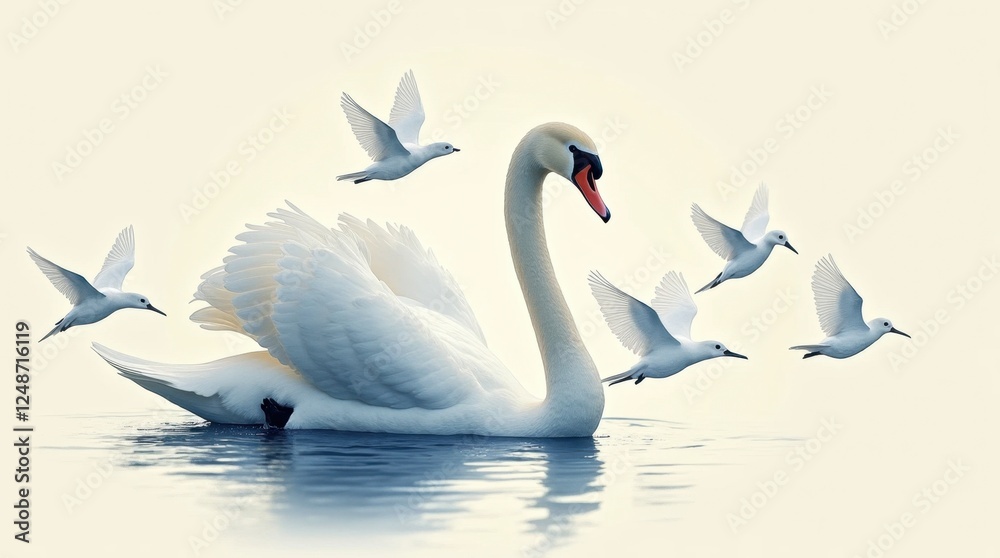 Fototapeta premium Graceful Swan Print with White Birds