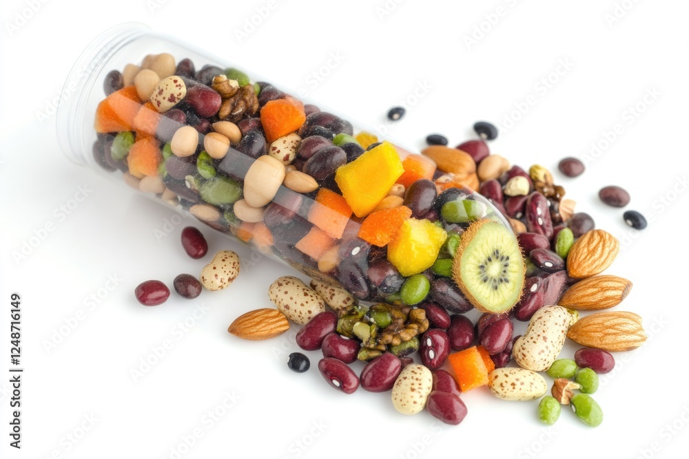 Fresh fruits and nuts in a colorful container, great for snacks or decoration Fresh fruits and nuts in a colorful container, great for snacks or decoration