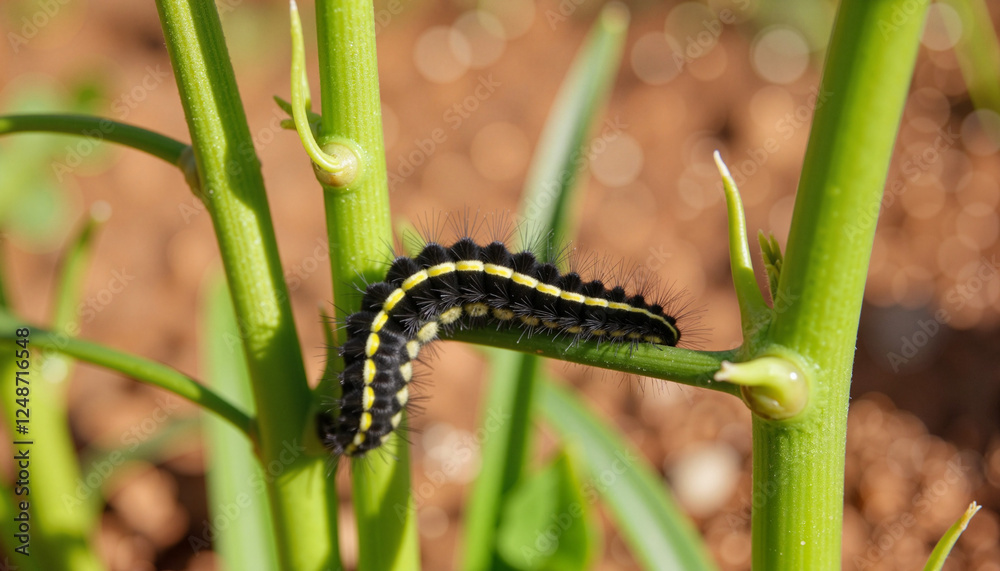 Caterpillar crawling on a green stem in garden, nature's transformation Caterpillar crawling on a green stem in garden, nature's transformation