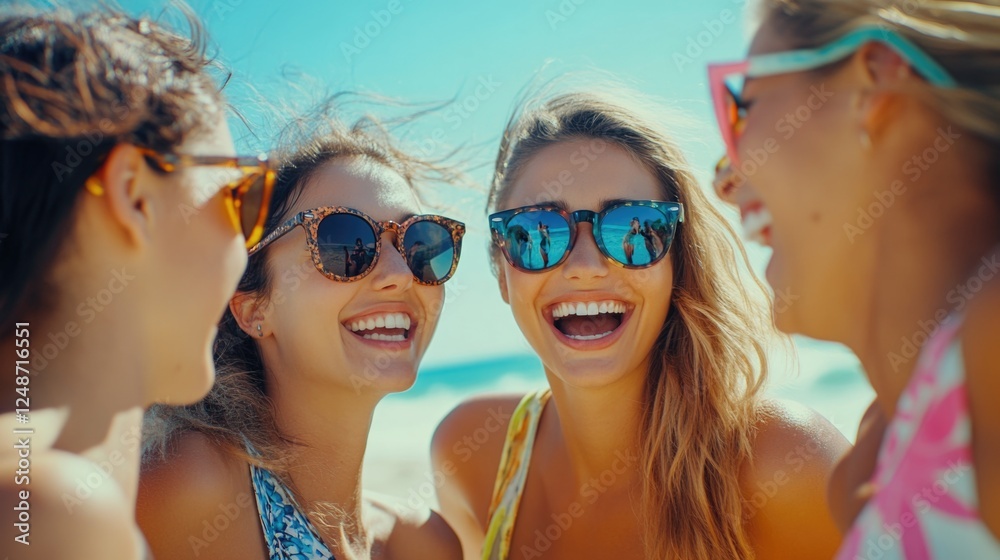 Group of females relaxing together on sunny coastline Group of females relaxing together on sunny coastline