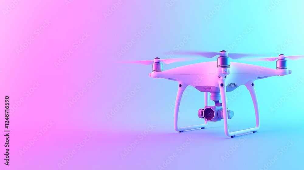 A sleek drone positioned at an angle against a vibrant pink and blue gradient background