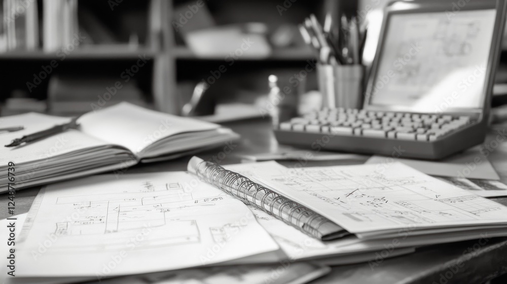 Monochrome close-up of a cluttered workspace with notebooks, papers, and a typewriter. Monochrome close-up of a cluttered workspace with notebooks, papers, and a typewriter.