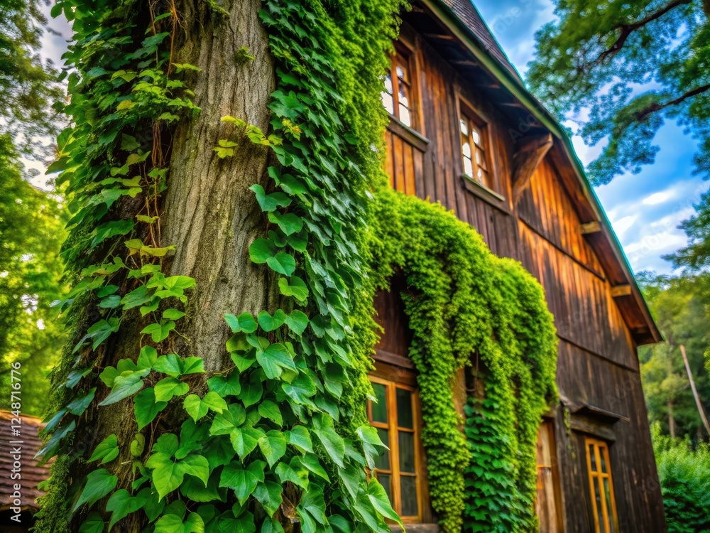 Invasive poison ivy's summer foliage climbs a rustic building, showcasing its toxic beauty in detailed texture. Invasive poison ivy's summer foliage climbs a rustic building, showcasing its toxic beauty in detailed texture.