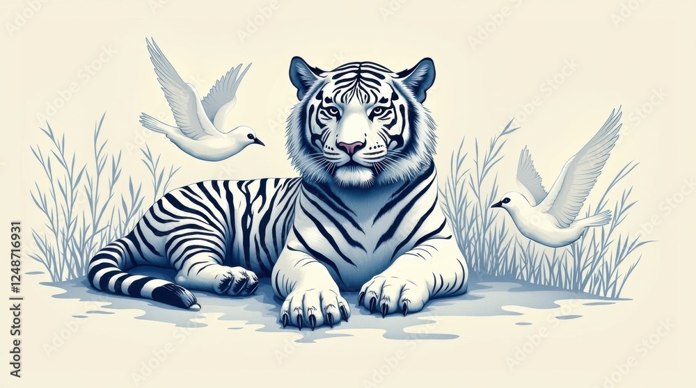 Naklejka premium Majestic Tiger Print with White Birds
