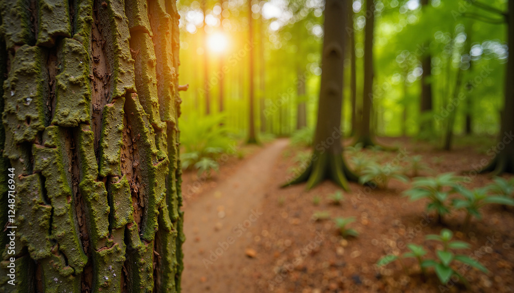 Fototapeta premium Ant trail on tree bark in forest at noon, nature's intricate journey