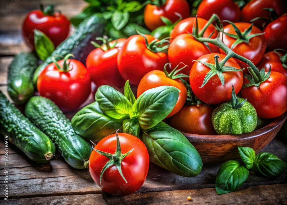 Juicy tomatoes, cool cucumbers, fragrant basil—a vibrant documentary of fresh food. Juicy tomatoes, cool cucumbers, fragrant basil—a vibrant documentary of fresh food.