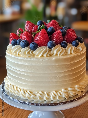 Delicious cake topped with fresh strawberries and blueberries in a cozy baker...