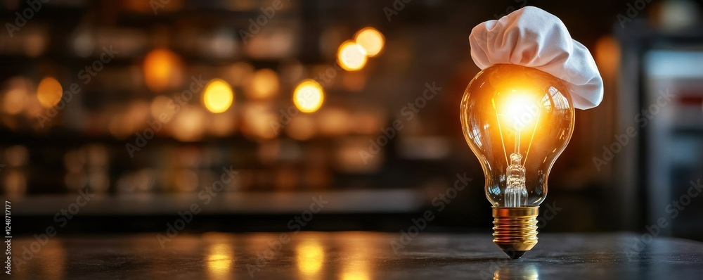 A creative light bulb dressed as a chef symbolizes innovative cooking ideas and culinary inspiration in a restaurant setting. A creative light bulb dressed as a chef symbolizes innovative cooking ideas and culinary inspiration in a restaurant setting.