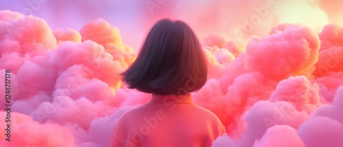 woman standing among pink clouds looking forward