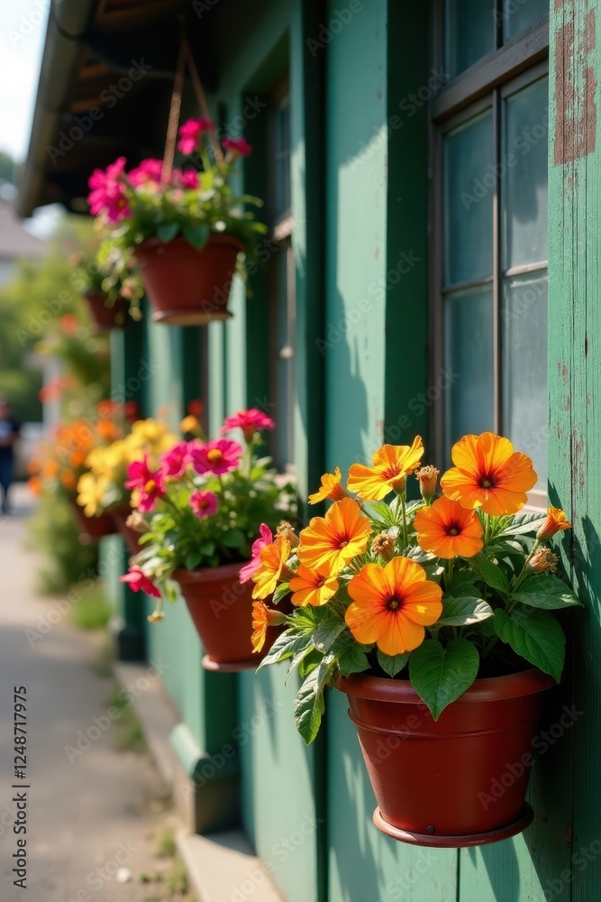 Fototapeta premium Vibrant calibrachoa overflowing from hanging baskets against weathered wood , pots, Calibrachoa, gardening