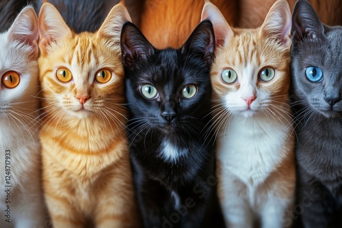 Colorful display of cats with striking eyes posing together in a close-up arr...